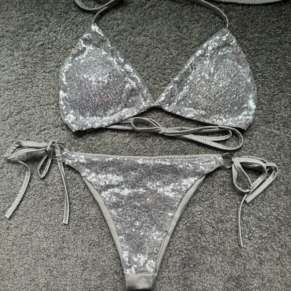 Silver Sequin String Bikini 2 Piece - Picture 1 of 3